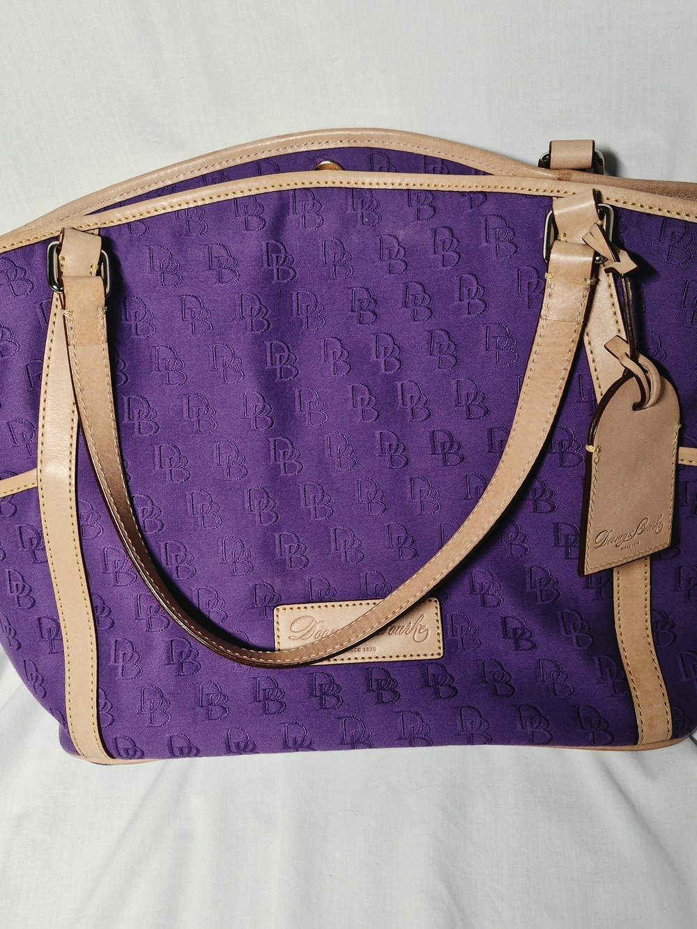 Dooney & Bourke Purple Tote with Tan Leather Trim. Mint As-New Condition.